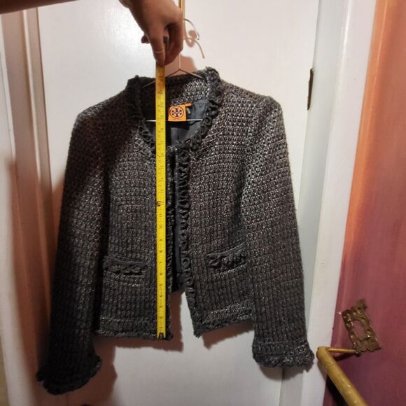 Tory Burch Retail $595 Grey Blue Tweed Pattern Fringe Trim Jacket Size 8 - Picture 3 of 10